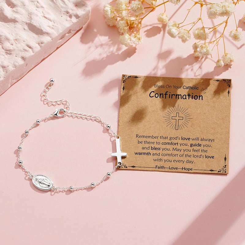 VULETO Catholic Virgin Mary Cross Bracelet Gifts for Girls Teens Women, Rosary Beads Charm Link Chain Bracelet Christmas Christian Religious Jewelry Gifts - Image 3